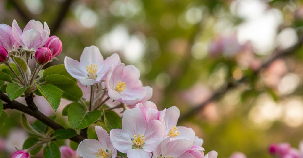 The delicate white and pale pink petals are in sharp focus, featuring yellow stamens, while the background shows a soft, blurred "bokeh" of green leaves and golden sunlight.