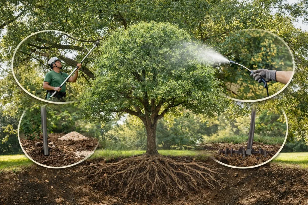 Plant health care treatment being performed on a mature landscape tree, showing soil treatment, canopy care, and root health support to prevent tree disease.