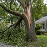 Arborist inspecting a leaning tree in a Milwaukee yard