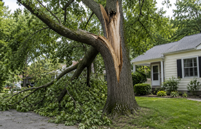Arborist inspecting a leaning tree in a Milwaukee yard