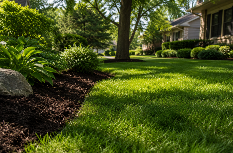 Healthy residential lawn with landscaping in Milwaukee, WI